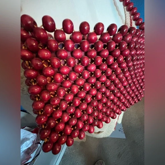 VINTAGE WALBORG bag, 60s/70s ruby red wooden bead clutch/hand bag JAPAN - Picture 12 of 16